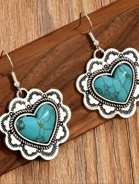 Turquoise Heart Drop Earrings - Silver Accent